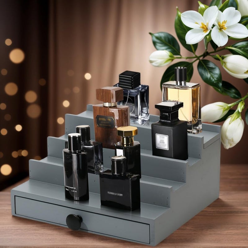 Fengligoo منظم عطور للرجال - حامل عرض خشبي رمادي بأربعة مستويات مع درج وحيز مخفي، حامل عطور للرجال لتنظيم وتخزين العطور - Image 3